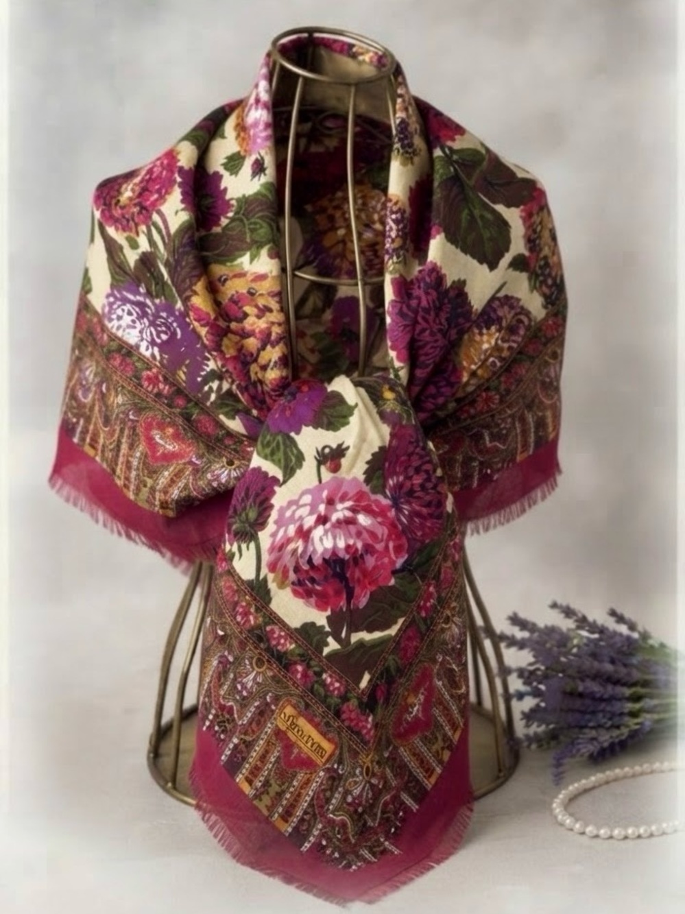 Vintage Signature Echo Large Square Scarf Floral Paisley Fringe